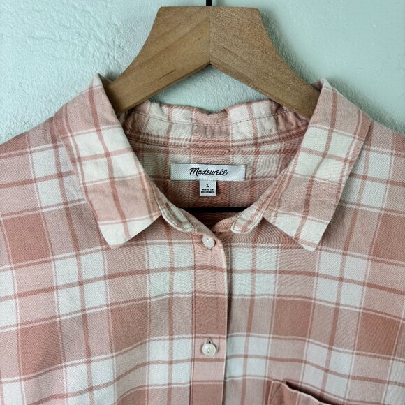 Madewell Large Peach Ivory Plaid Button Down Shirt 100 Cotton Relaxed Fit - Picture 2 of 6